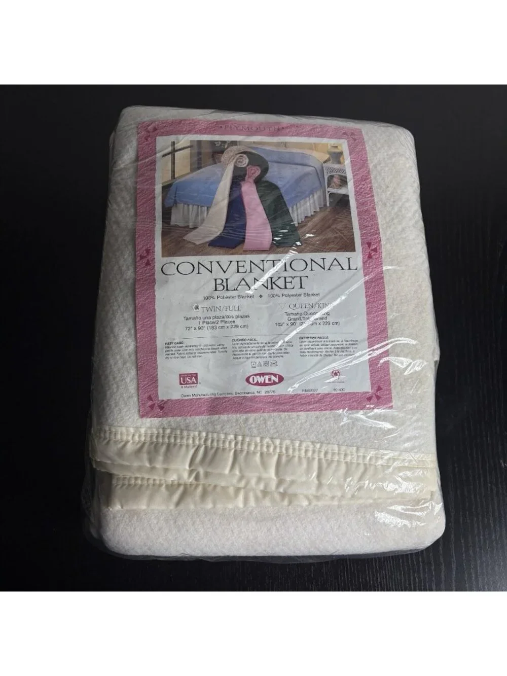 Vintage 80s OWEN Conventional Twin/Full Blanket Ivory/Cream w/Binding NEW